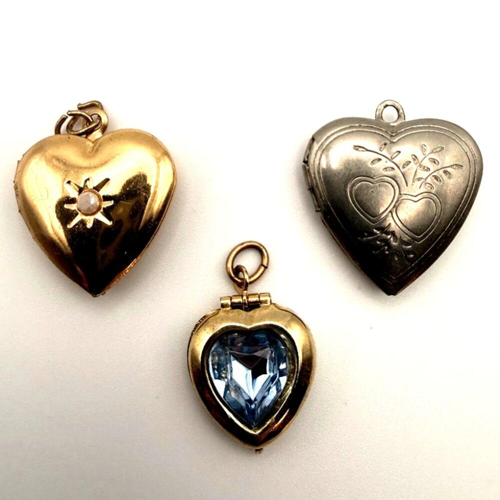 Lot of 3 Vintage Heart Locket Pendants Floral Etched Faux Pearl Silver Gold Tone